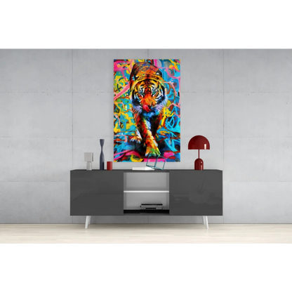 Vibrant tiger glass wall art print in graffiti style on modern gray sideboard