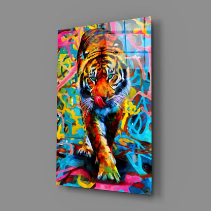 Vibrant tiger glass wall art print with colorful graffiti background