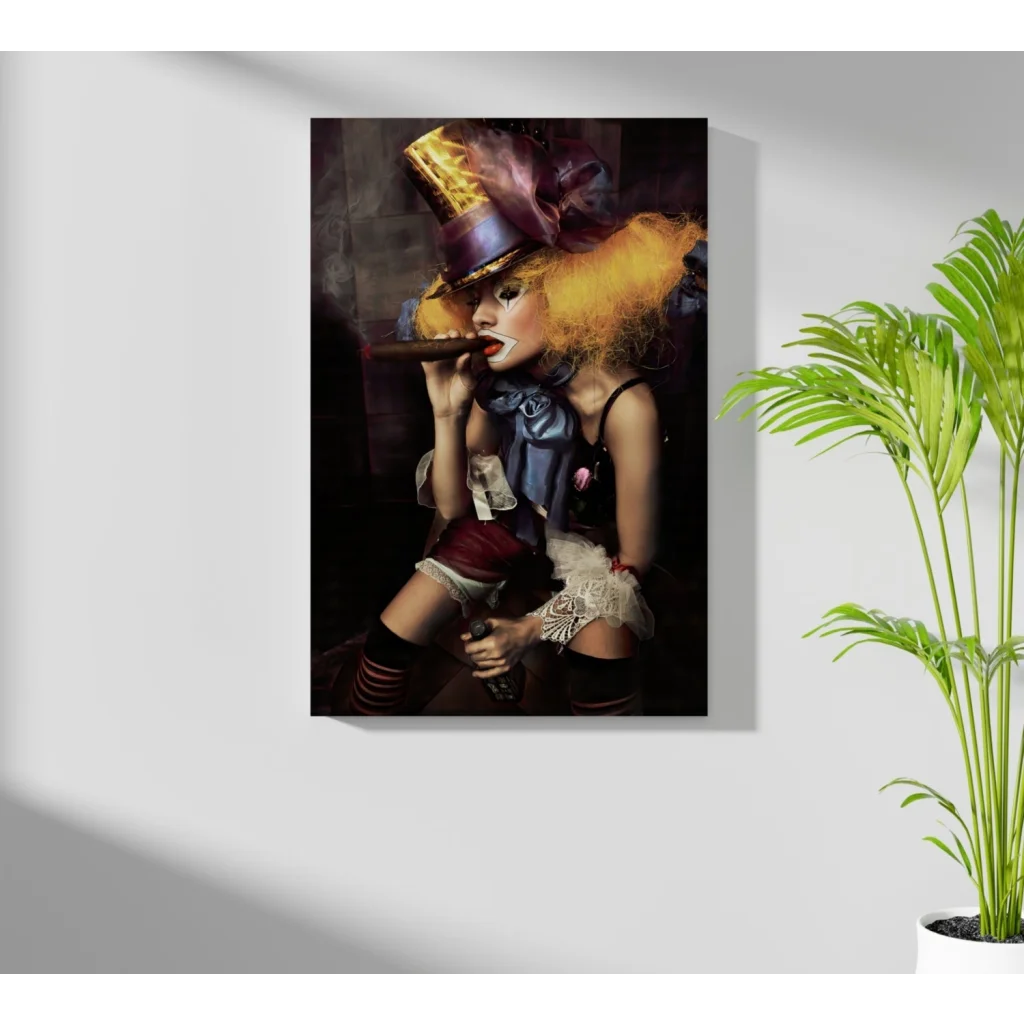 Vibrant canvas print of top hat woman with bold orange hair