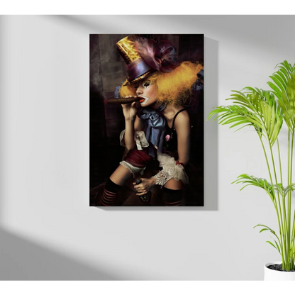 Vibrant canvas print of top hat woman with bold orange hair