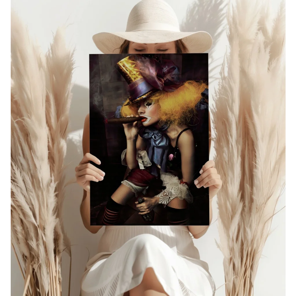 Stylized portrait of vibrant top hat woman with bold orange hair canvas print