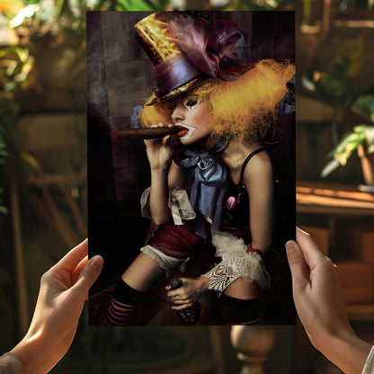 Vibrant top hat woman canvas print with bold orange hair and cigar