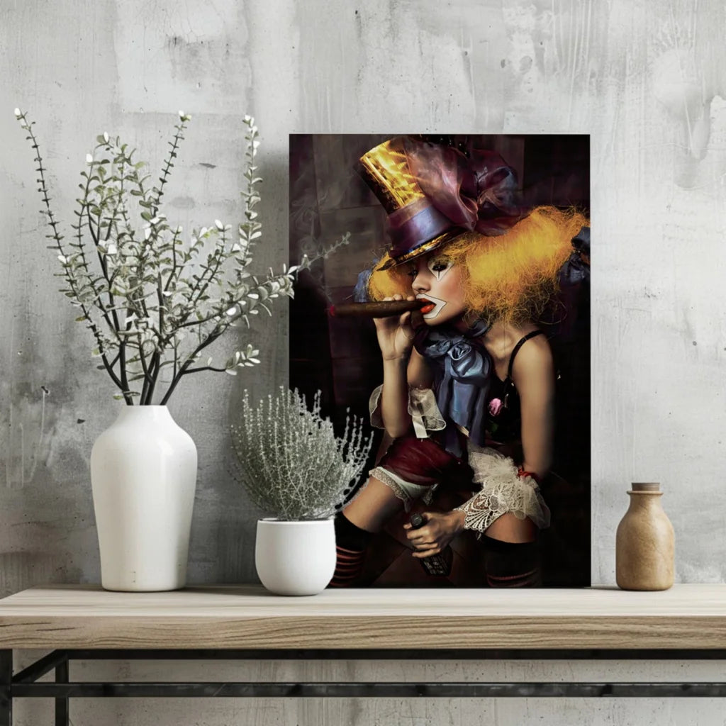 Vibrant canvas print of woman in ornate top hat with bold orange hair