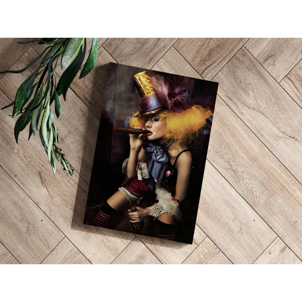 Stylized woman in gold purple top hat with bold orange hair canvas print