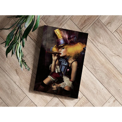 Stylized woman in gold purple top hat with bold orange hair canvas print