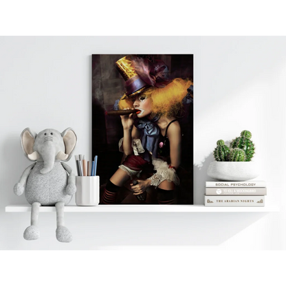 Vibrant canvas print of woman in purple gold top hat with bold orange hair