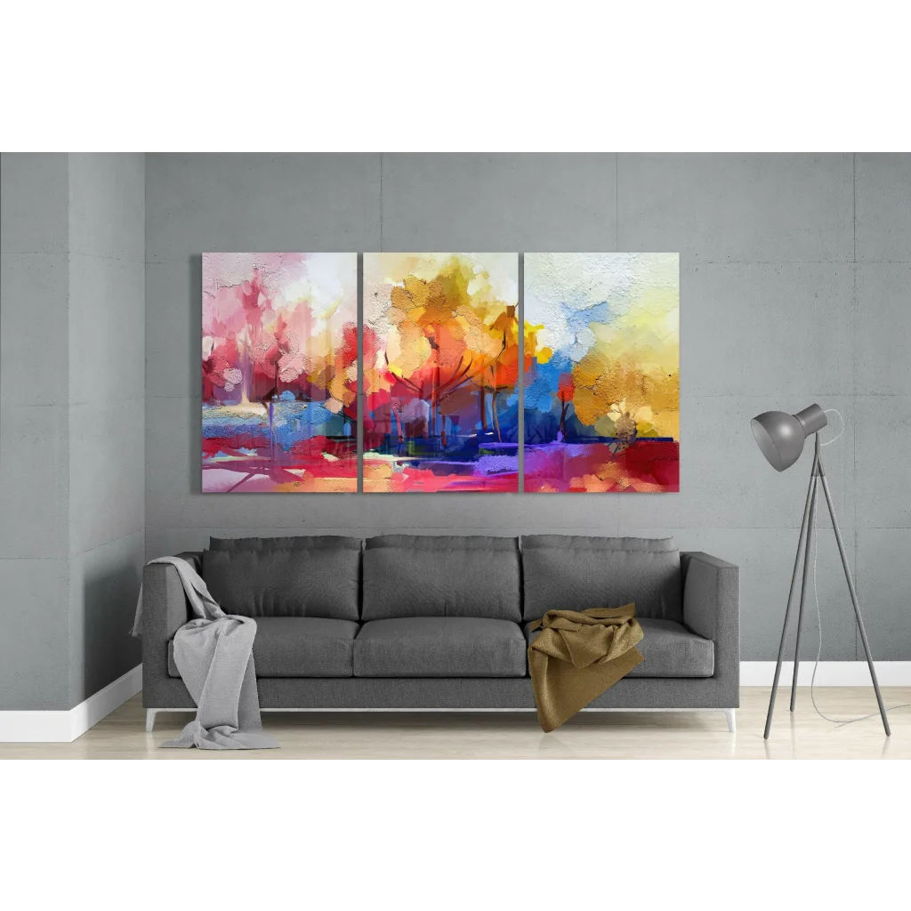 Vibrant triptych abstract wall art with bold textured brushstrokes