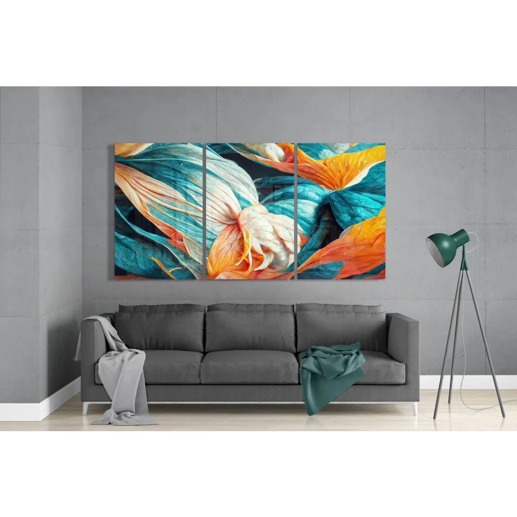 Vibrant glass wall art triptych with bold floral blooms in teal, orange, yellow