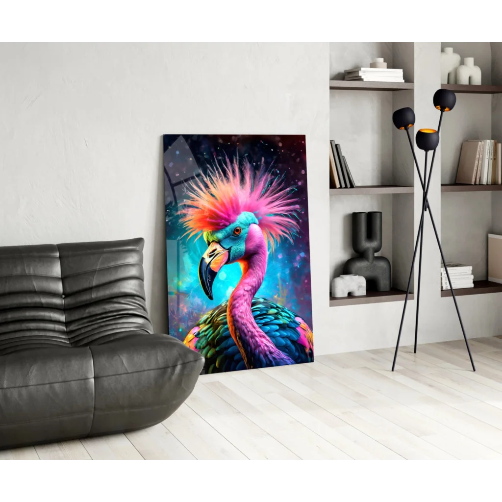 Vibrant colorful flamingo glass wall art with cosmic background