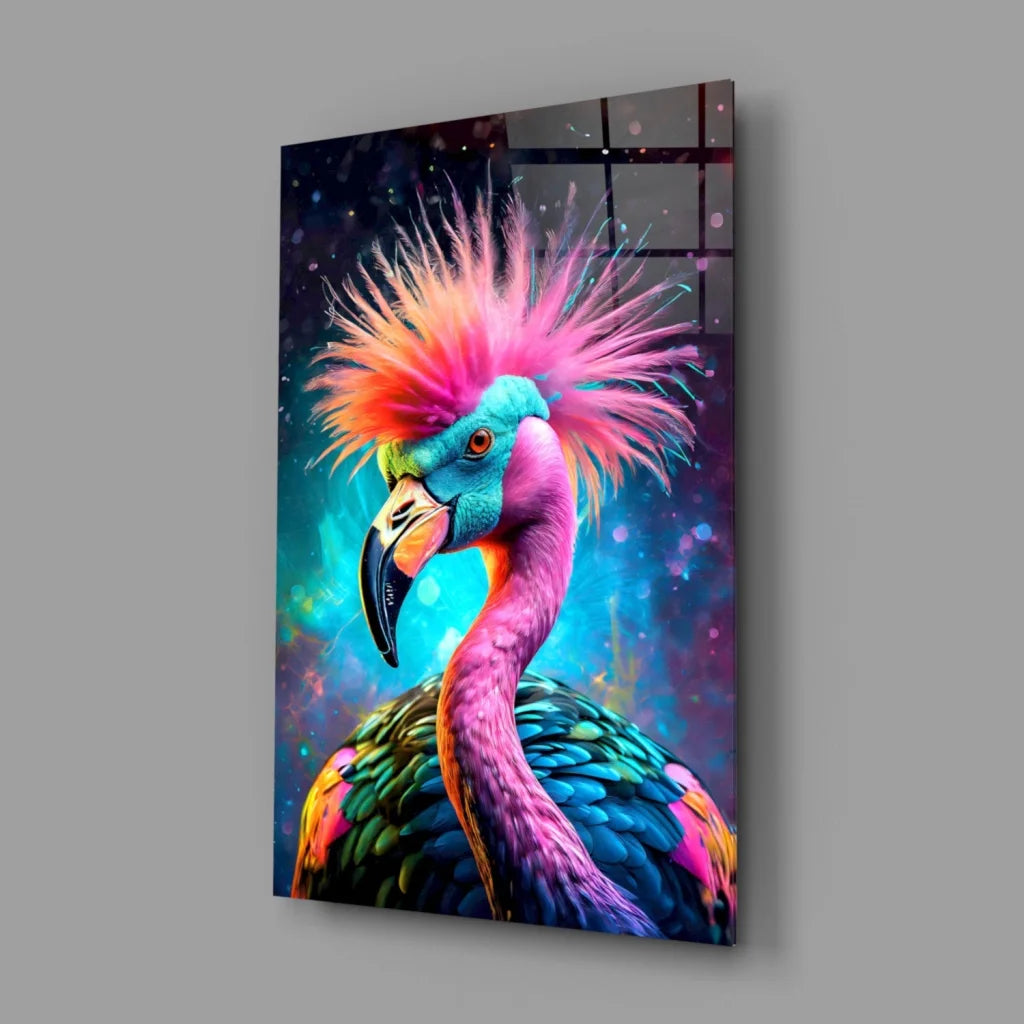 Vibrant colorful flamingo glass wall art with metallic feathers