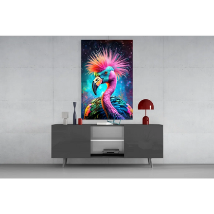 Vibrant flamingo glass wall art with colorful feathers on cosmic background