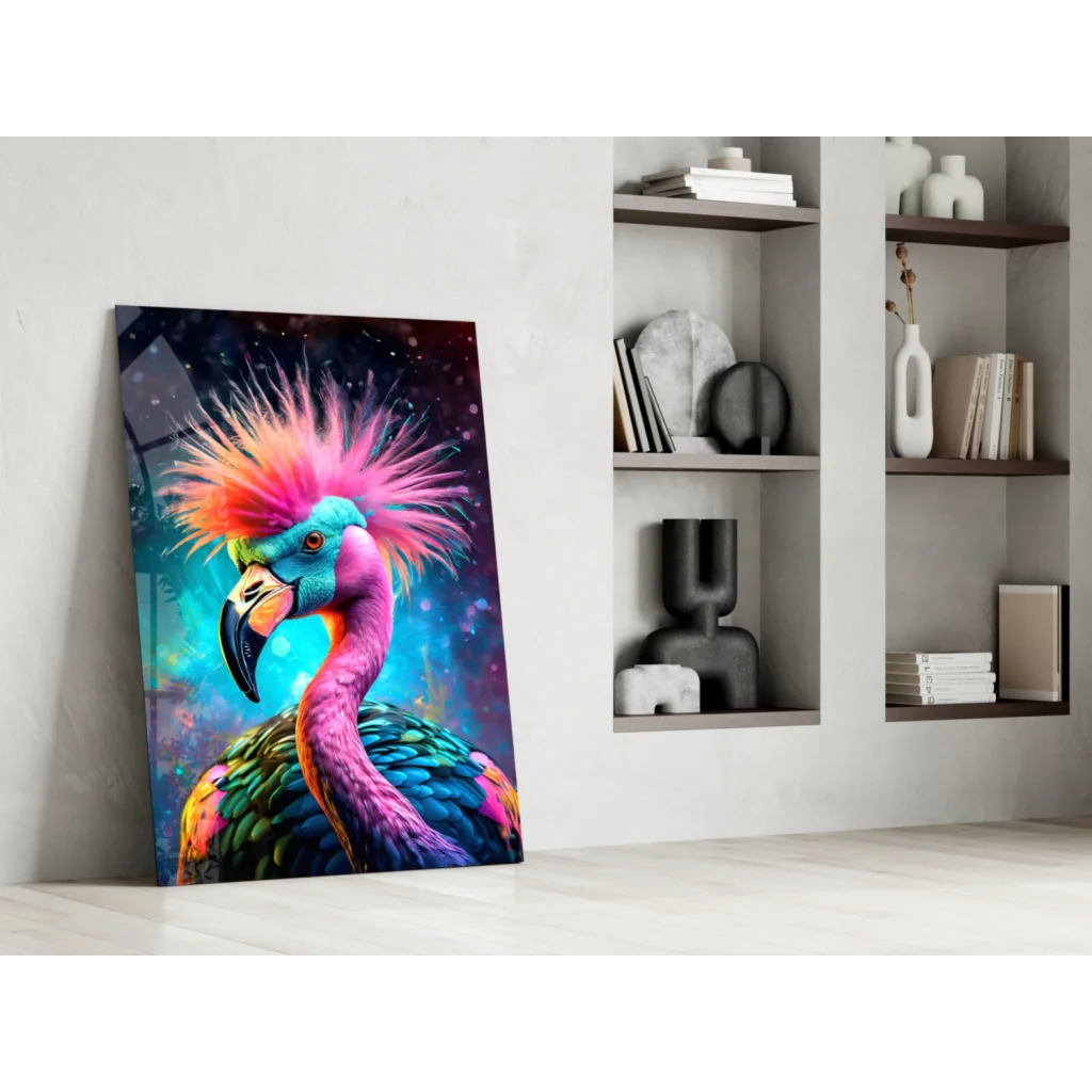 Colorful flamingo glass wall art with cosmic feathers
