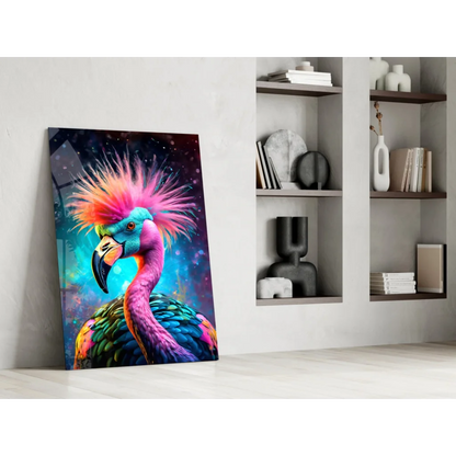 Colorful flamingo glass wall art with cosmic feathers