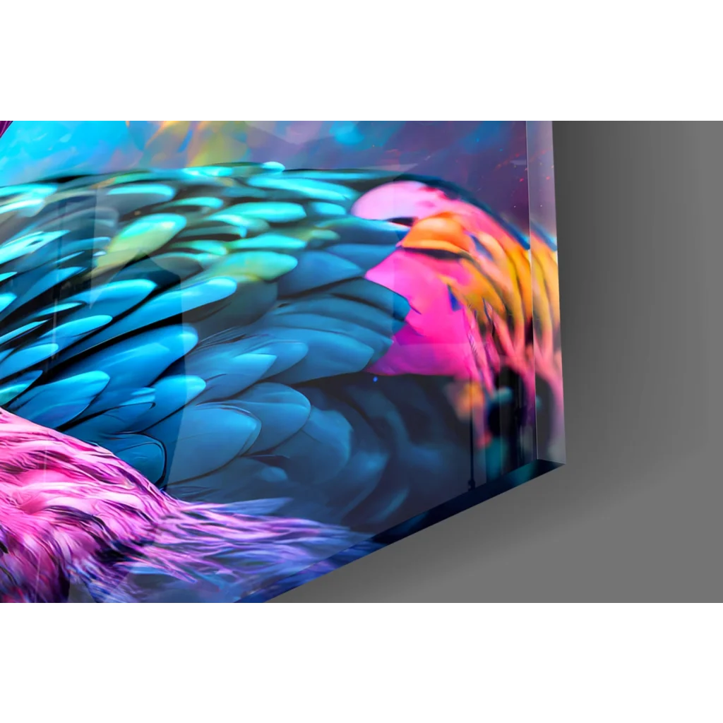Colorful parrot glass wall art with iridescent feathers and vibrant hues
