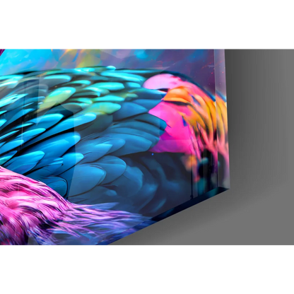 Colorful parrot glass wall art with iridescent feathers and vibrant hues