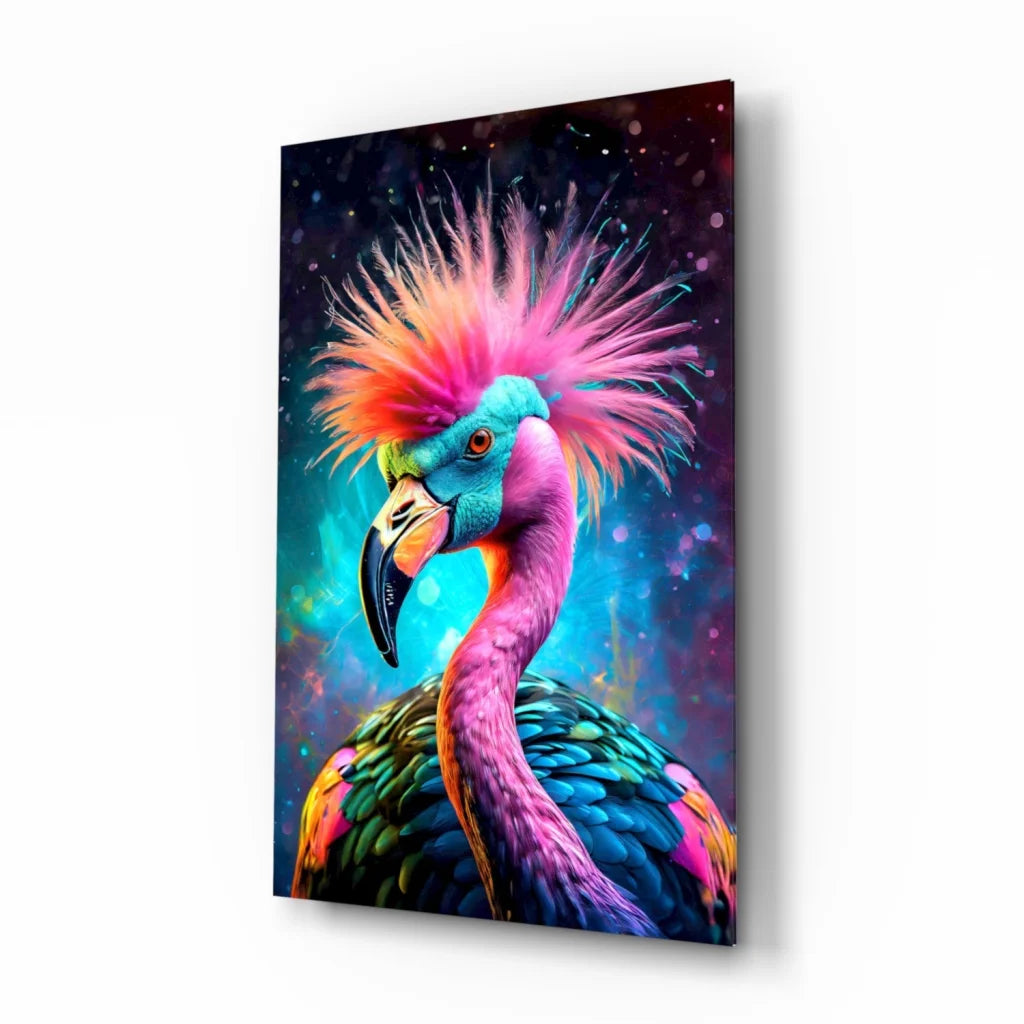 Vibrant flamingo glass wall art with colorful feathers on cosmic background