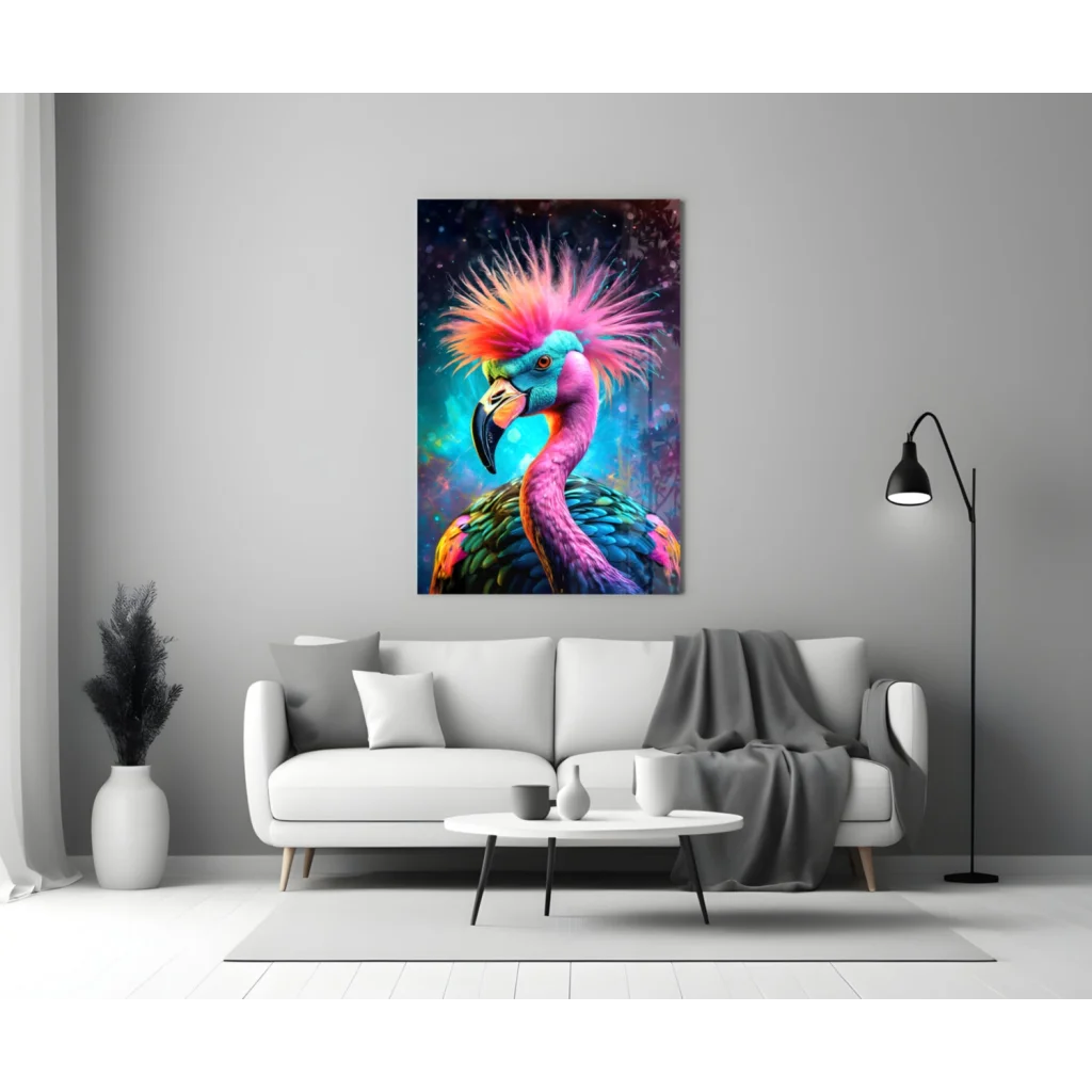 Colorful toucan glass wall art with vibrant feathers on cosmic background