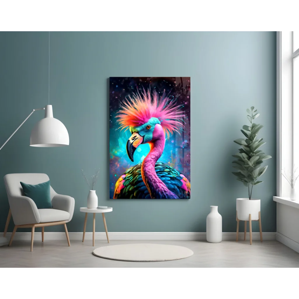 Vibrant flamingo glass wall art with colorful feathers on galaxy background