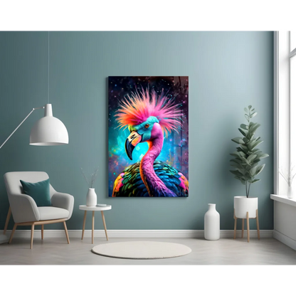 Vibrant flamingo glass wall art with colorful feathers on galaxy background