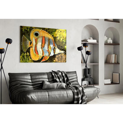 Vibrant orange white striped tropical fish glass wall art canvas