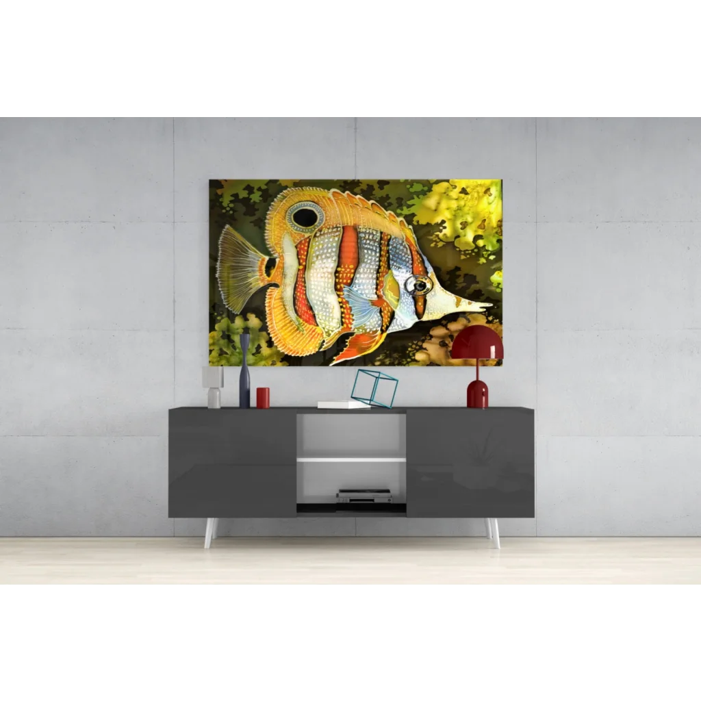 Vibrant 3D printed tropical fish wall art in orange yellow hues with intricate patterns