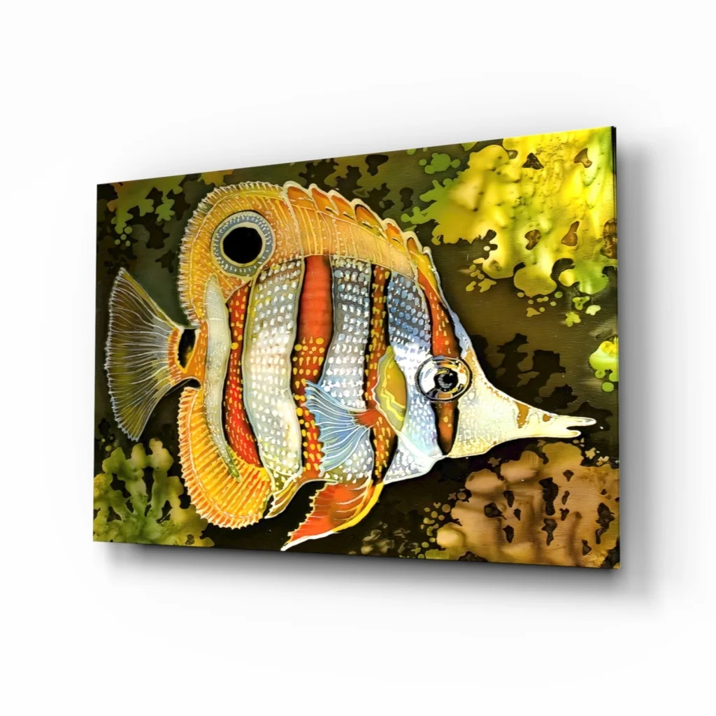 Vibrant tropical fish canvas wall art with intricate patterns and coral background