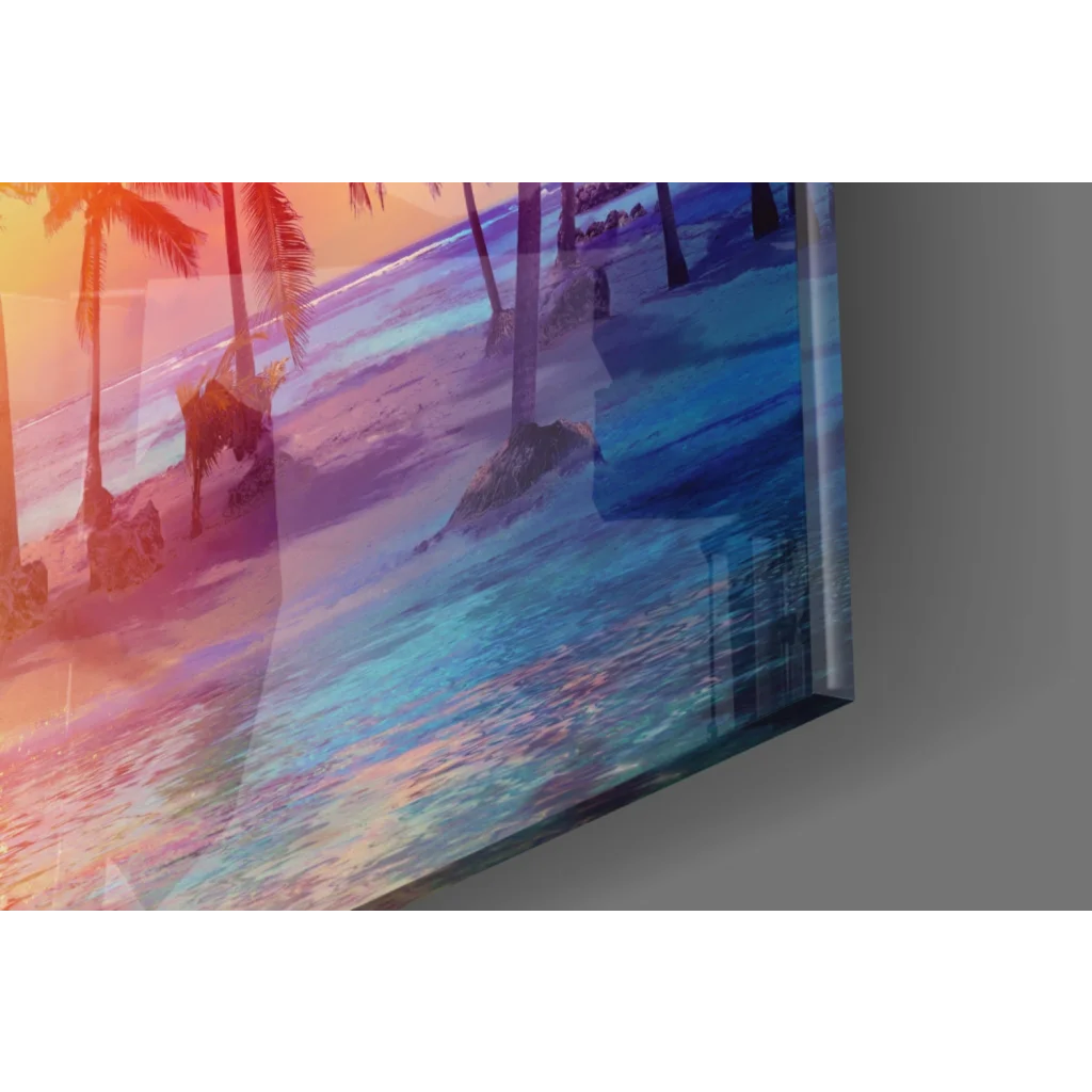 Samsung QLED TV displaying vibrant tropical sunset palm tree glass wall art