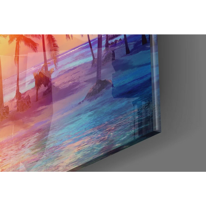 Samsung QLED TV displaying vibrant tropical sunset palm tree glass wall art