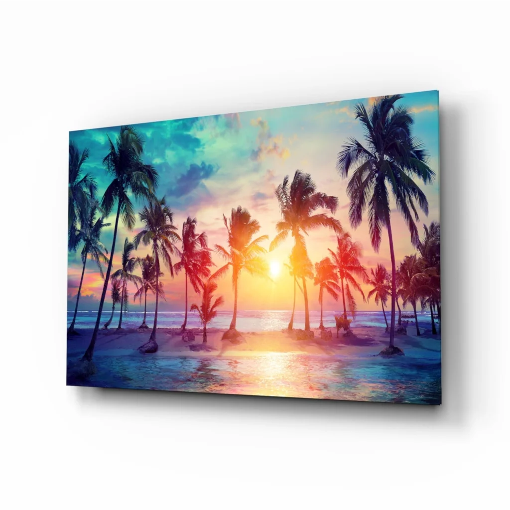 Vibrant tropical sunset palm tree wall art print on canvas