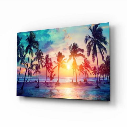 Vibrant tropical sunset palm tree wall art print on canvas