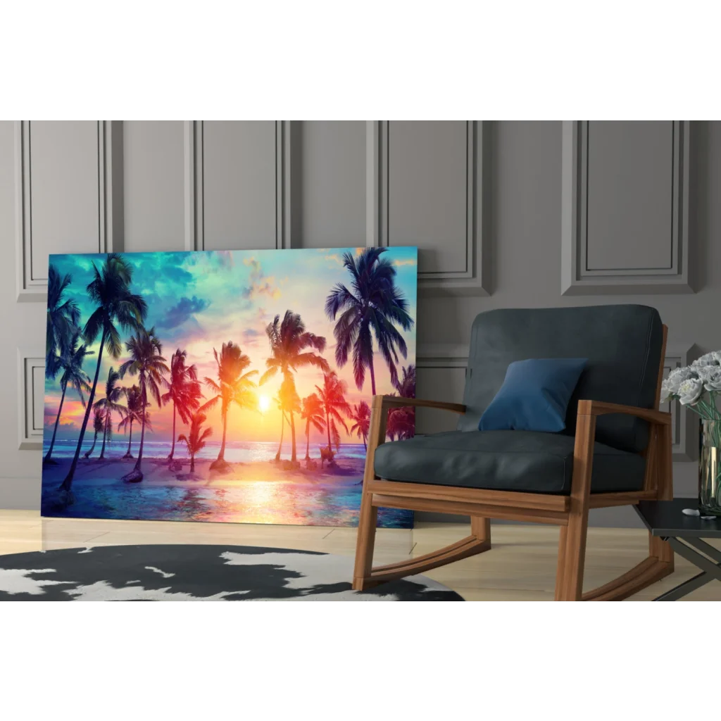 Vibrant tropical sunset palm tree canvas wall art with beach scene