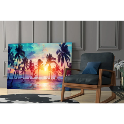 Vibrant tropical sunset palm tree canvas wall art with beach scene