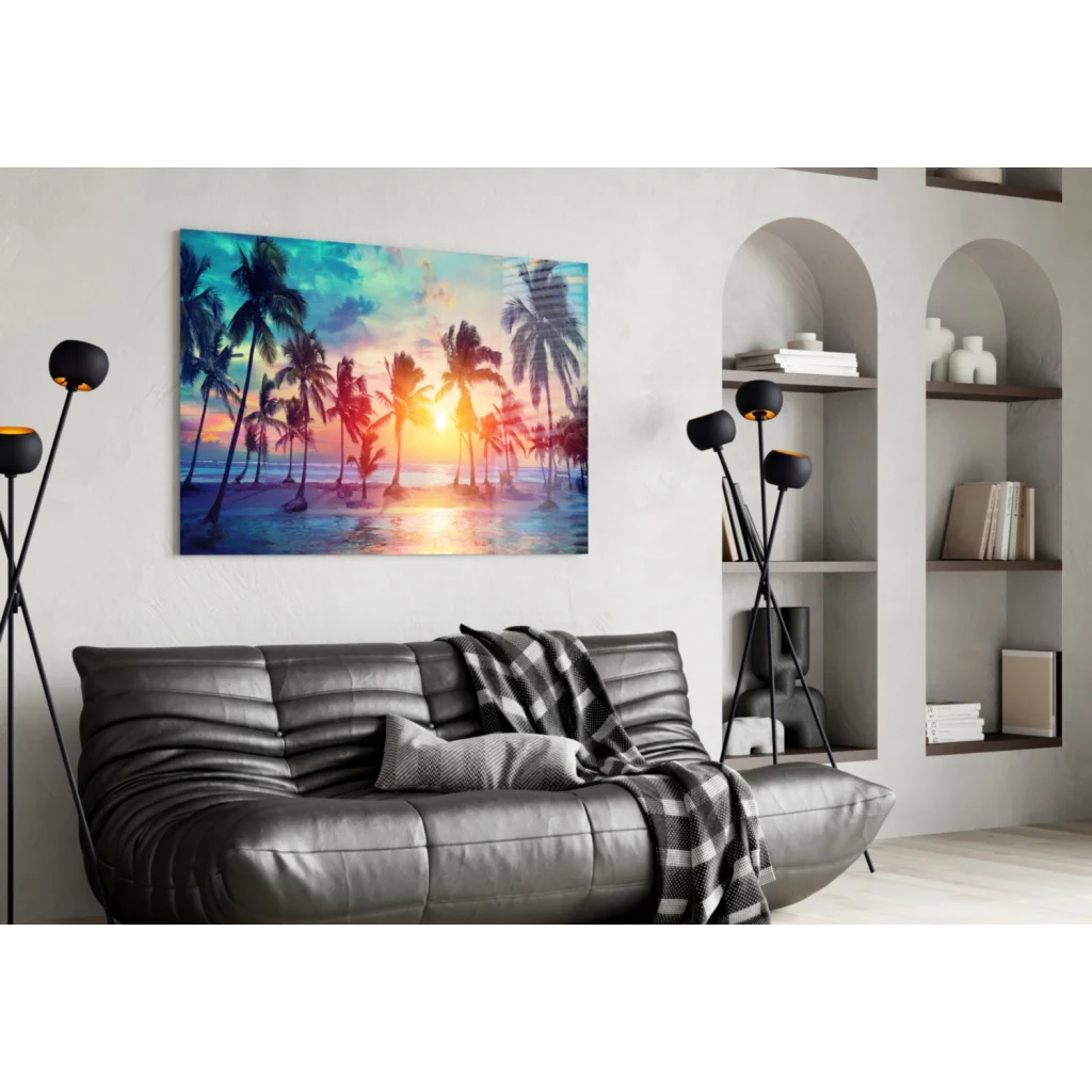Vibrant tropical sunset palm tree canvas wall art with ocean view