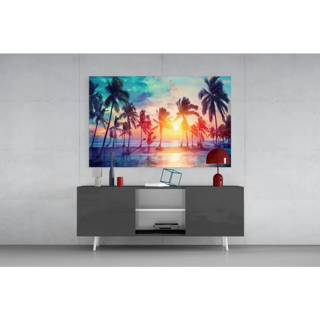 Samsung QLED TV displaying Vibrant Tropical Sunset wall art
