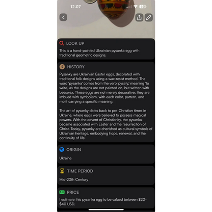 Hand-painted Ukrainian pysanka egg with traditional geometric designs, vibrant and unique