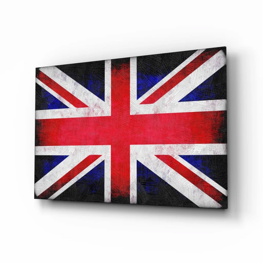 Vibrant Union Jack tempered glass art with size comparison