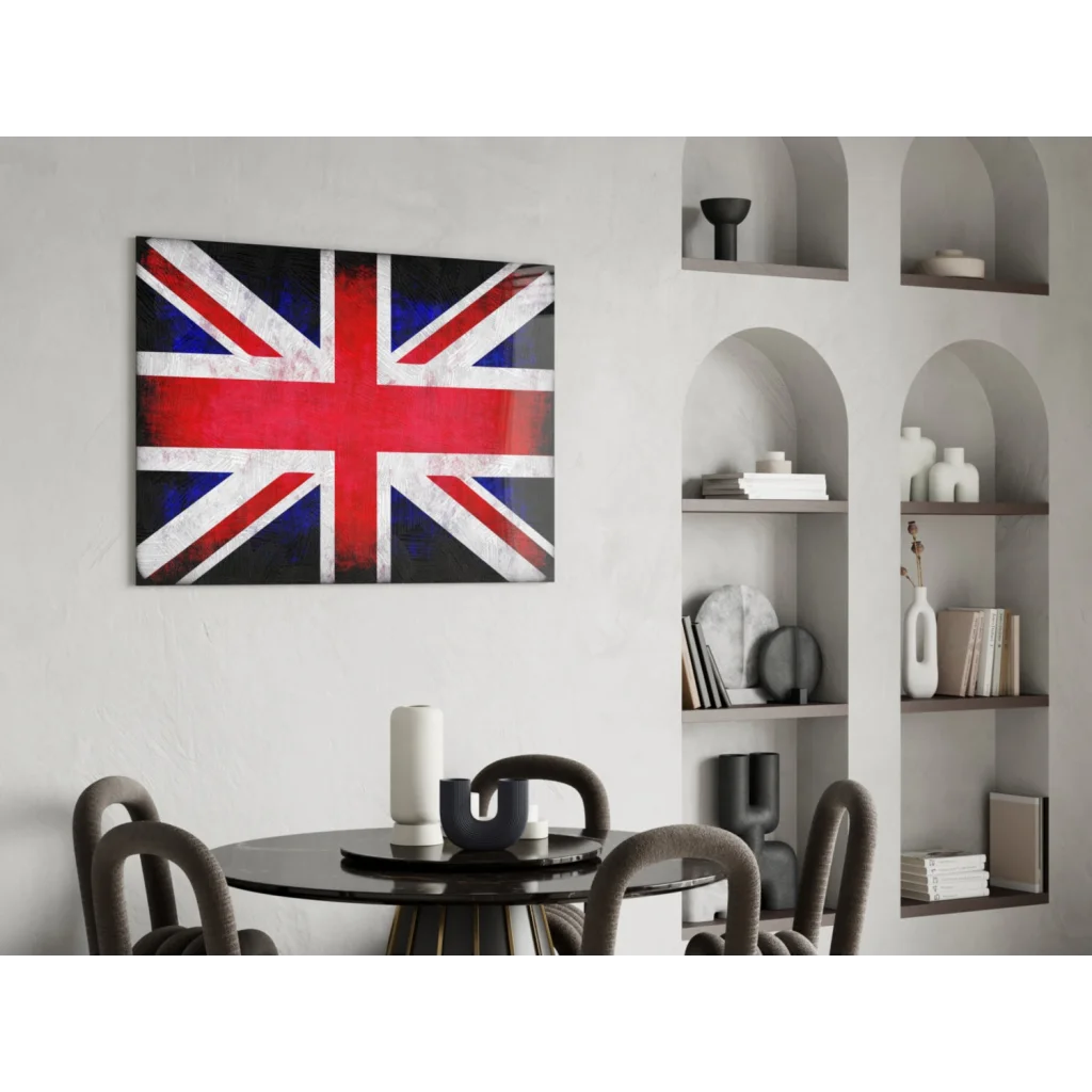 Vibrant Union Jack tempered glass art with size comparison