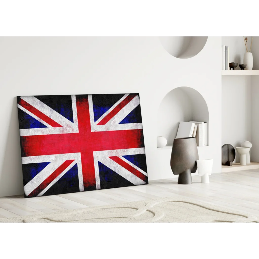 Vibrant Union Jack tempered glass art with size comparison
