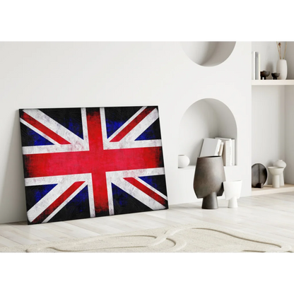 Vibrant Union Jack tempered glass art with size comparison