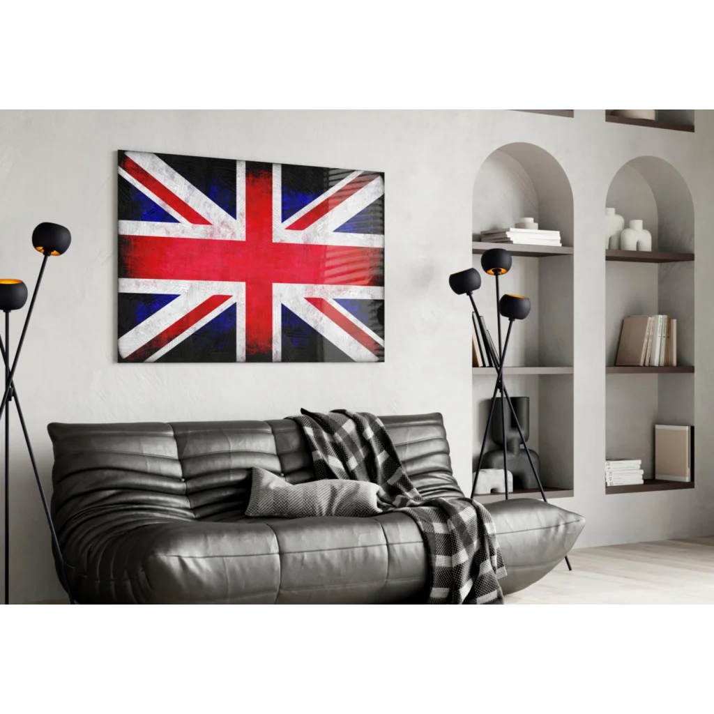 Vibrant Union Jack tempered glass art with size comparison