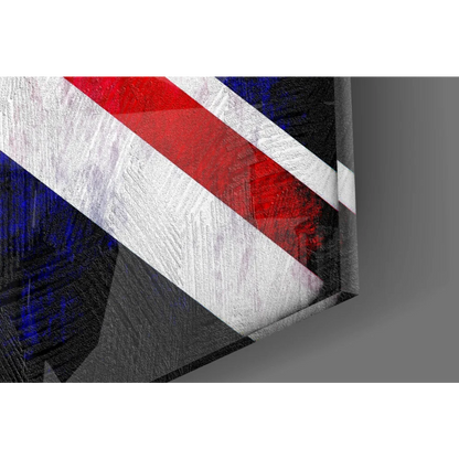 Vibrant Union Jack tempered glass art with red white blue stripes and size comparison
