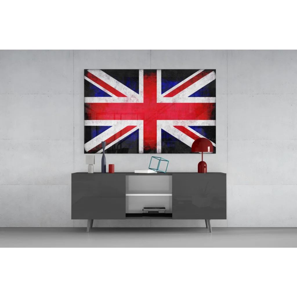 Vibrant Union Jack tempered glass art with distressed texture, black frame, size comparison