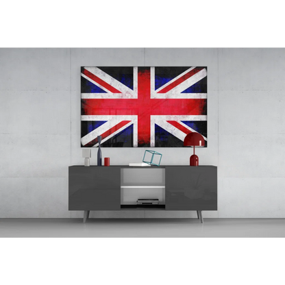 Vibrant Union Jack tempered glass art with distressed texture, black frame, size comparison