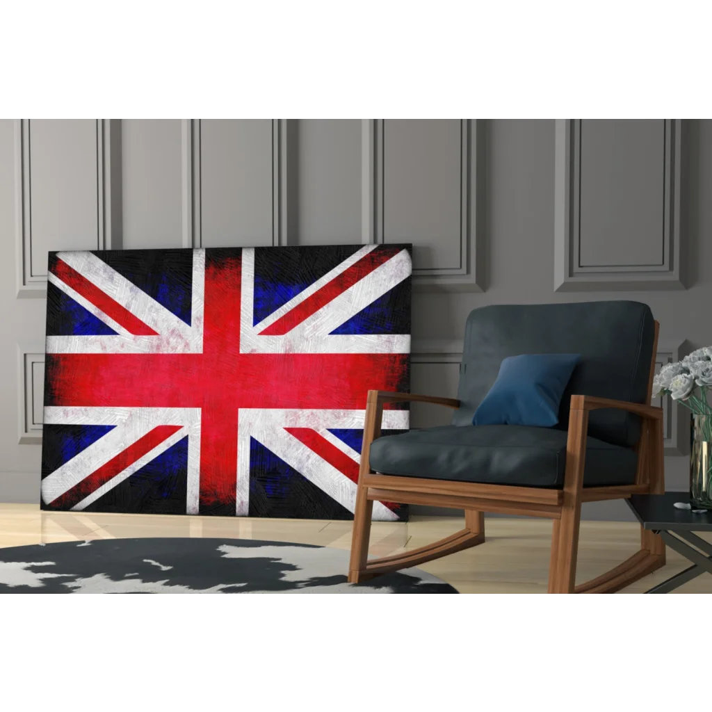 Vibrant Union Jack tempered glass art with size comparison