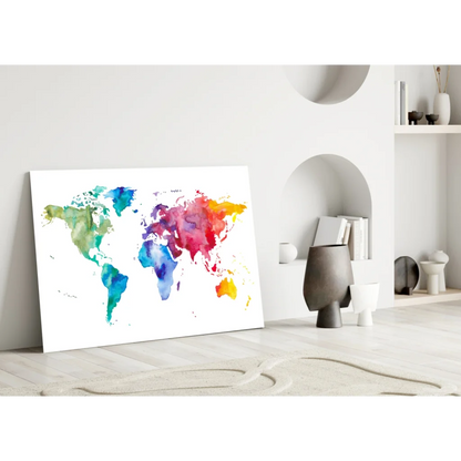 Vibrant watercolor world map canvas wall art in colorful blues and greens