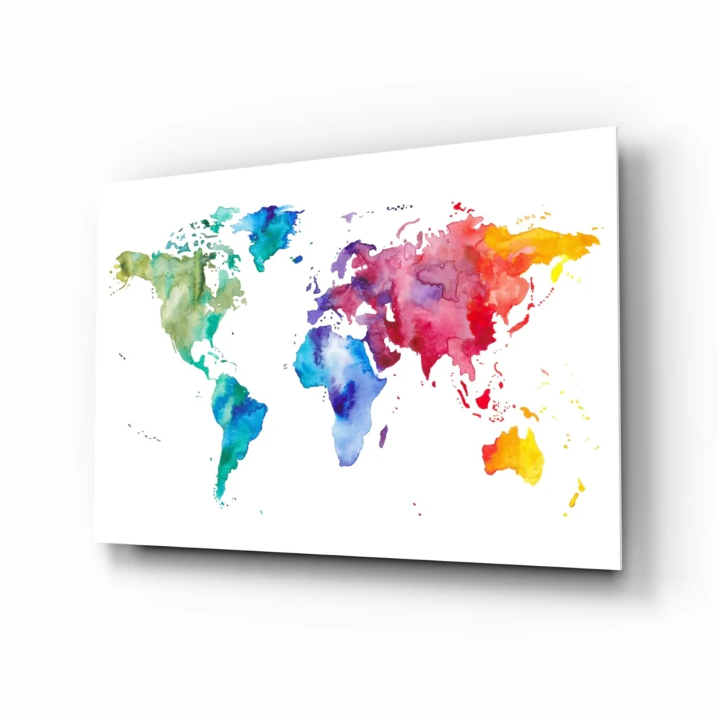 Vibrant watercolor world map canvas wall art in teal, purple, red, yellow