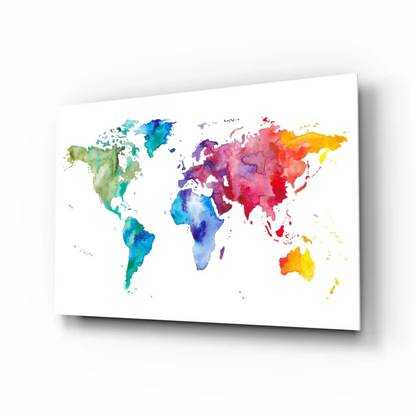 Vibrant watercolor world map canvas wall art in teal, purple, red, yellow