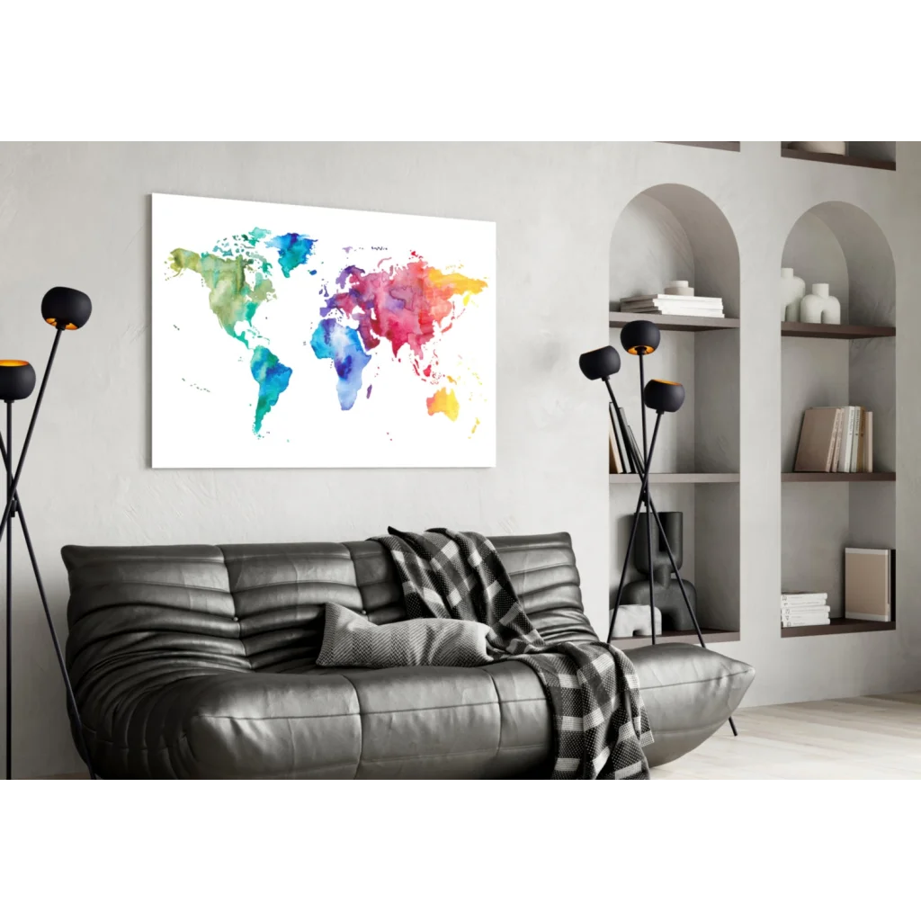 Vibrant watercolor world map canvas wall art in blues, greens, pinks, yellows