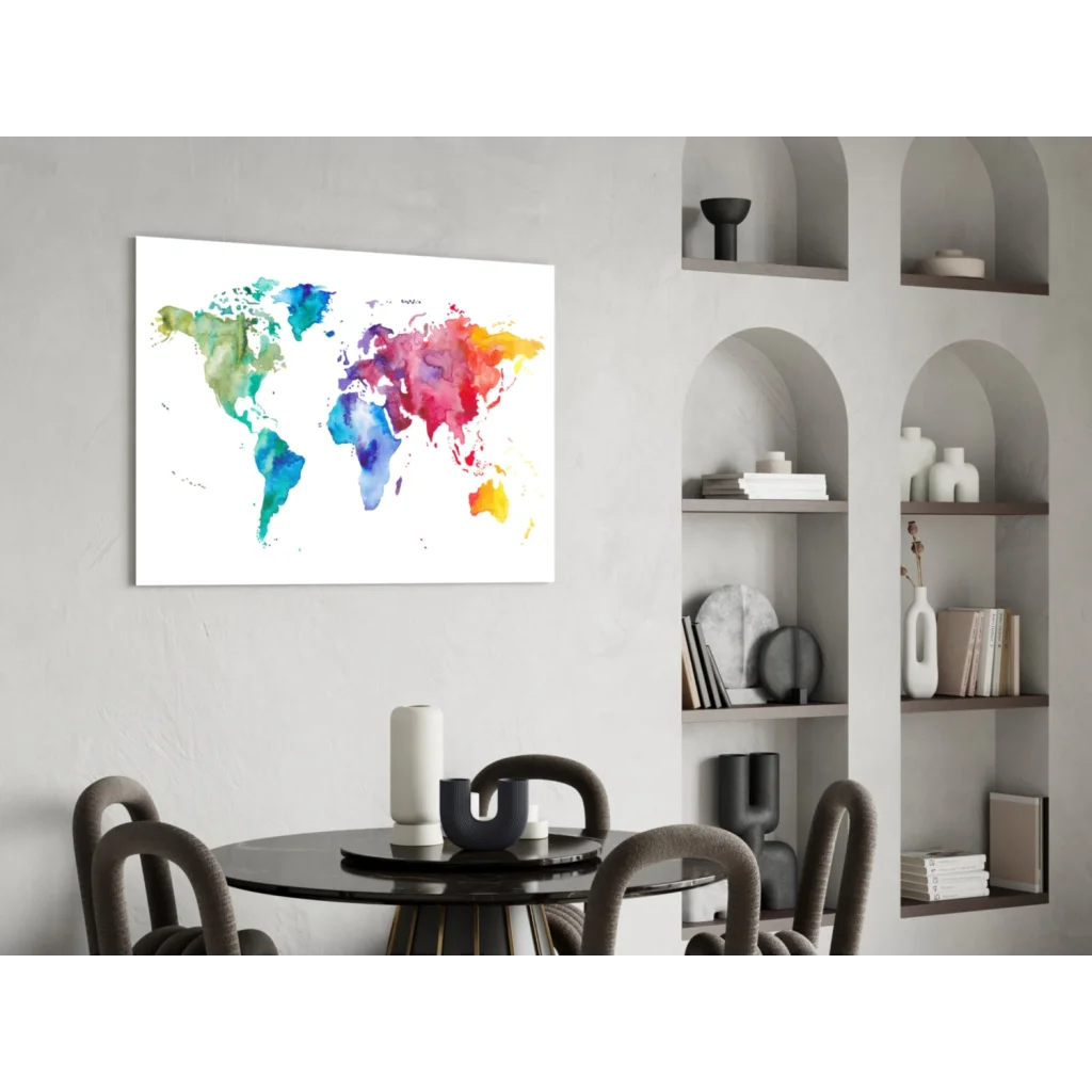 Vibrant watercolor world map canvas wall art in blue green red yellow hues