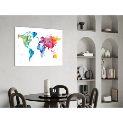 Vibrant watercolor world map canvas wall art in blue green red yellow hues